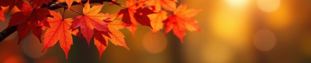 Fototapeta premium Vibrant red, orange, yellow maple leaves cluster on a branch , foliage, nature, vibrant