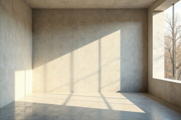 Sunlit Empty Concrete Room with Large Window and Autumnal View