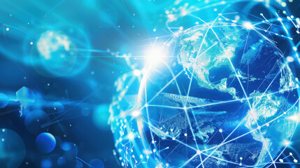 A digital rendering of Earth, with a network of glowing lines connecting continents and oceans.