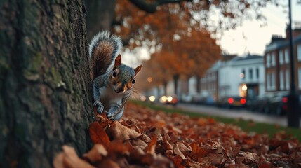 Fototapeta premium Autumn Squirrel in City Park.