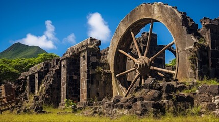 Exploring the Industrial Past of Caribbean Island of Nevis - Historical Ruins of Sugar Mill Machine with Train Wheel in View