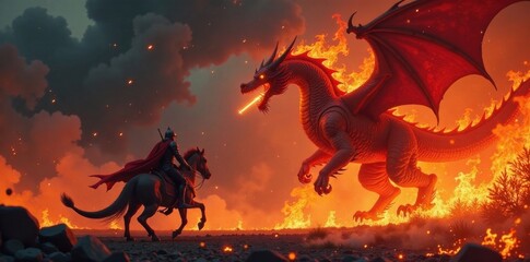 Dragon's fiery breath engulfing knight, smoke, ash