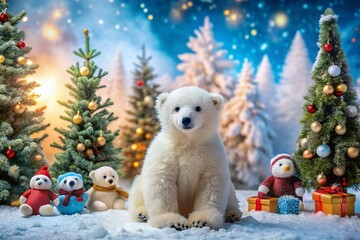Fototapeta premium Festive Polar Bear & Penguins Christmas Snowy Scene Stock Photo