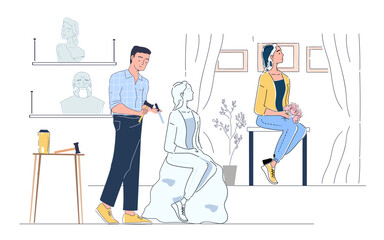 Artist sculpting a sitting woman with tools, surrounded by art pieces and a model holding flowers, on a white background. Concept of creativity. Vector illustration