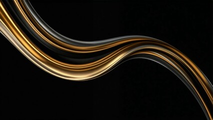 A luxurious abstract design featuring elegant metallic gold ribbons gracefully flowing against a deep black background. The smooth curves and reflective gold tones create a sophisticated and high-end 