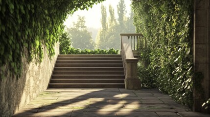 Stone staircase leading to a sunlit garden, framed by lush green ivy-covered walls.