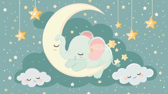 Baby Shower Cute Elephant Half Moon Star Cloud Cartoon