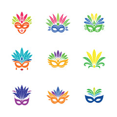 set of bundle brazilian carnaval with feather.  Festive confetti, masks, latin dancers, feathers and maracas.  Entertainment event of Rio carnaval.