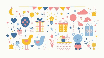 Cute Baby Shower Isolated Flat Vector Illustration for Invitations and Decorations