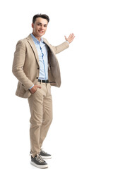 relaxed businessman presenting to side