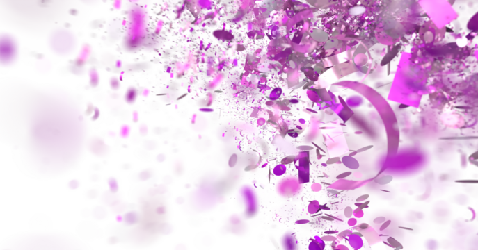 Abstract image of purple confetti falling on white background. Perfect for celebration, party, or event designs.