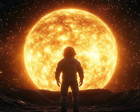Astronaut gazes at the glowing sun in space.