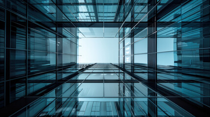 A modern skyscraper with a glass facade and a blue tint.