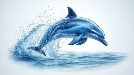 Dolphin leaps from ocean water; vibrant splash;  ocean background; digital art; promotional use