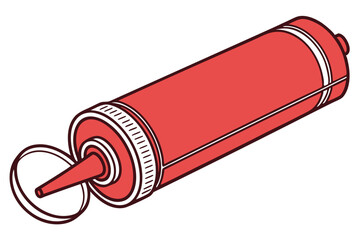 Red plastic squeeze bottle, ketchup dispenser, condiment container, vibrant color, simple design, kitchen utensil, food packaging, white background, product photography, clean lines, cylindrical shape