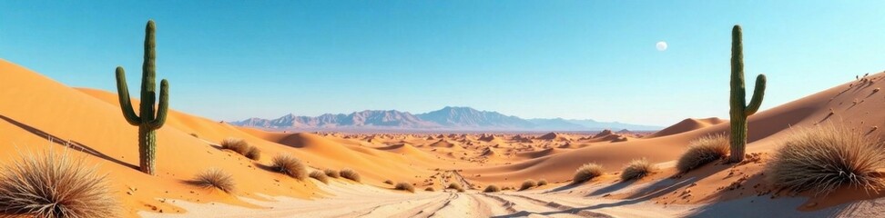 Naklejka premium Desert landscape with cacti and sandy dunes under blue sky , desert, cactus