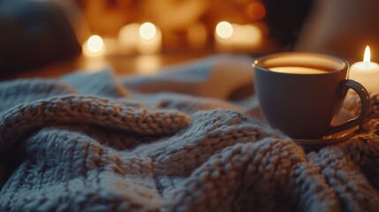 A hygge lifestyle is captured with cozy blankets, tea, and candlelight.
