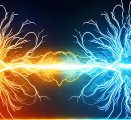 Versus banner. Lightning strikes. Confrontation template, vs battle or fight concept. Red and blue colors. Flash light thunderbolt spark. Realistic transparent neon light.generative ai