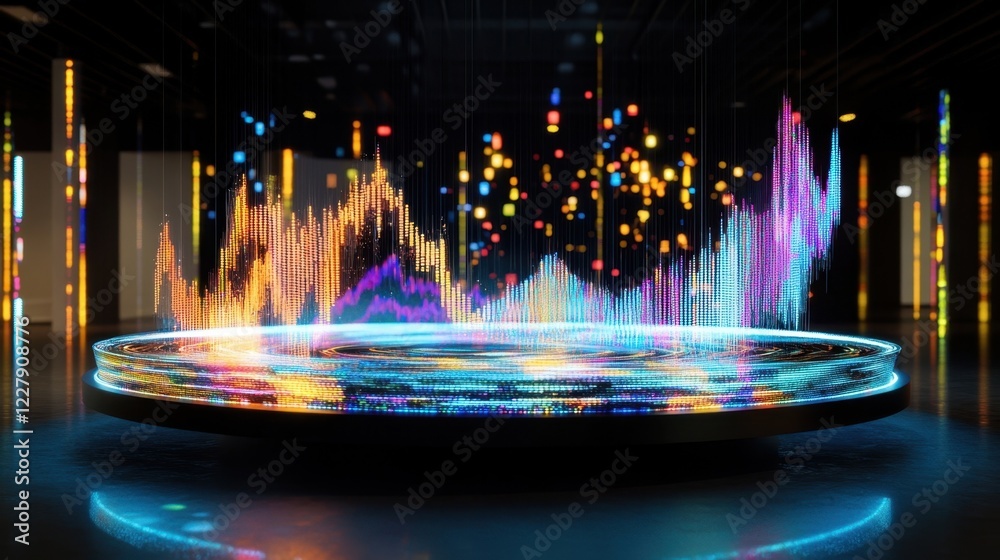 Poster glowing charts and graphs hover above a circular platform, creating an immersive data visualization 