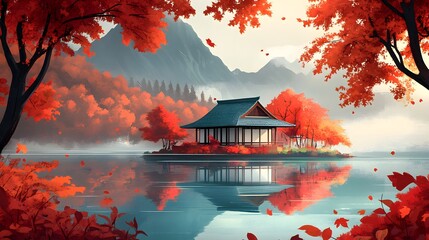 A red Japanese-style cabin by the lake, with red trees, in a vector art style with a bold block print aesthetic
