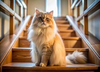 Fluffy Cat Relaxing on Cozy Home Stairs - Stock Photo