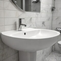 Close-up of white basin with silver tap in public bathroom, public facility, utility, water flow, reflective surface, washroom fixture