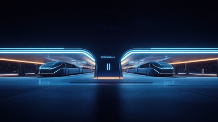 Fototapeta premium Futuristic Night Station: Autonomous Vehicles Charging