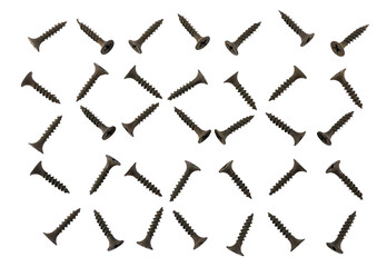 Background of black screws on a white background. Pattern of screws.