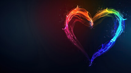 multicolor neon heart shape logo with text space on black background, lights,bokeh, love, celebration, happy valentines day , pride , lgbtq diversity love affairs