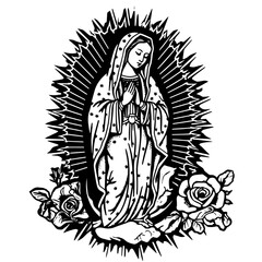 Our Lady Virgin Mary Guadalupe with roses black engraving vector shape