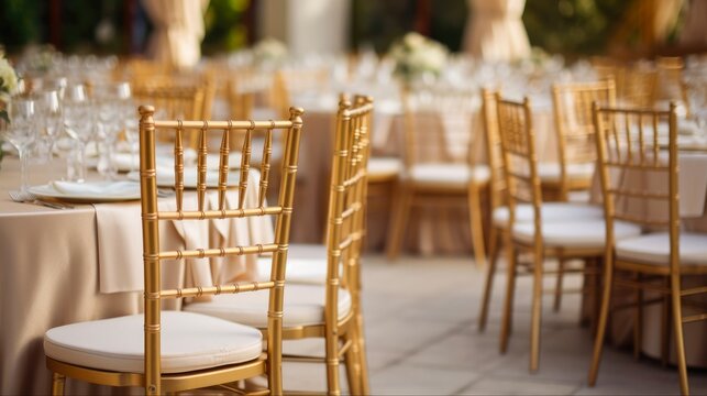 Gold Chiavari Chairs Elevate Stunning Dining Space for Wedding Reception. Interior Design with Elegant Furniture