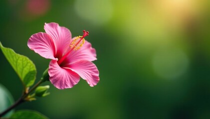 Fototapeta premium Delicate pink hibiscus flower blooming on a slender stem, garden, branch
