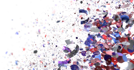 Abstract festive background with red, blue, silver confetti explosion. Perfect for celebration, party, or event designs.