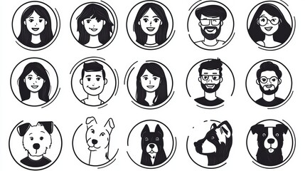 Set of people and pets avatars isolated round icons. Diverse male and female characters with different appearance and ethnicity. Men, women, girls, boys, dog portraits, Line art vector illustration