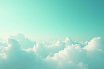 Desaturated sky with white clouds and mint green hues, pastel colors, calming atmosphere, misty landscape