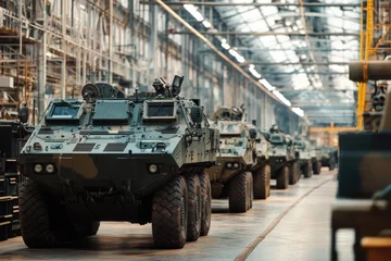 Military armored vehicles in a weapons factory, new military vehicles in the hangar, Army vehicles lined up in an assembly line, showcasing military readiness and production efficiency.
