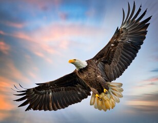 Fototapeta premium american bald eagle flying with colorful wings extended in mid air