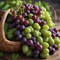 Close-up of wicker basket overflowing with vibrant green and purple grapes, harvest, agriculture
