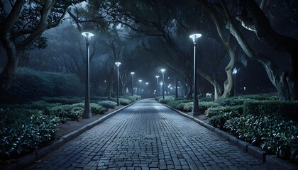 Fototapeta premium Serene Cobblestone Pathway Illuminated By Decorative Street Lamps