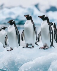 Fototapeta premium Group of Penguins Standing on Thinning Ice in Natural Habitat
