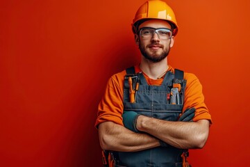 A construction worker stands confidently with crossed arms, wearing an orange hard hat, safety glasses, and work overalls with tools. The bold orange background complements his professional and determ