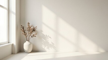 Serene Minimalist Room Decor Featuring Dried Floral Arrangement in a Simple Vase by a Window with Sunlight Streaming Through