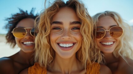 Three Friends Enjoy a Sunny Beach Day While Smiling at the Camera With Sunglasses On, Capturing the Joy of Summer Together. Generative AI