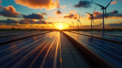 Fototapeta premium Solar Panels and Wind Turbines at Sunset: A Vision of Clean Energy