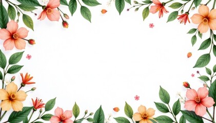 Fototapeta premium Delicate leaf and flower border on white background, white background, leaf border