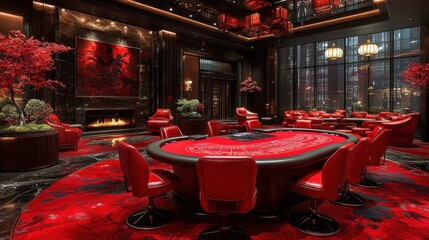 Luxurious casino interior, baccarat game, city view