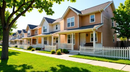 Fototapeta premium Charming Row of Suburban Houses with White Picket Fences and Lush Green Lawns