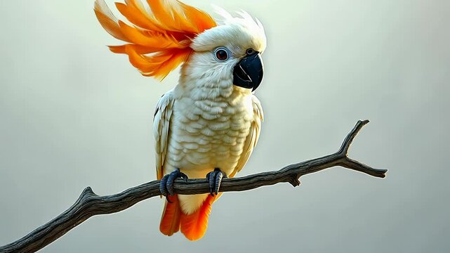A playful cockatoo parrot with a striking orange crest entertains with its lively antics while sitting on a branch in a warm, sunny spot. Its vibrant feathers shine brightly.