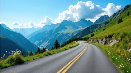 Asphalt ribbon winding through a picturesque mountain valley, under a vibrant sky, offering a scenic drive and breathtaking views of the majestic peaks and lush greenery.