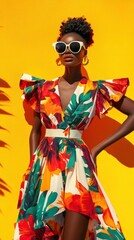 A vibrant banner with bold tropical prints, showcasing resort wear in bright, energetic settings.